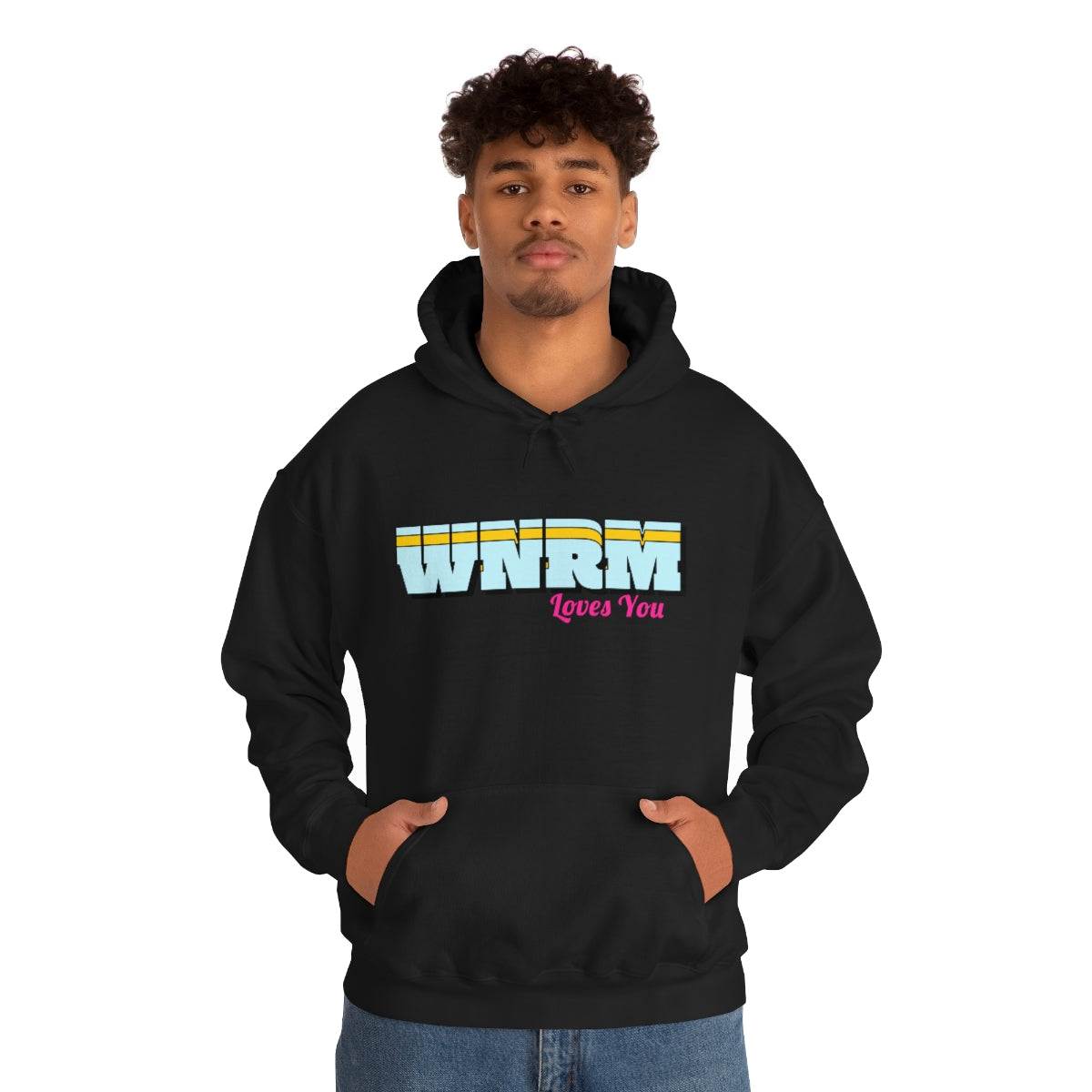 Boy wearing a WNRM Loves You Unisex Heavy Blend™ Hooded Sweatshirt, with a white background