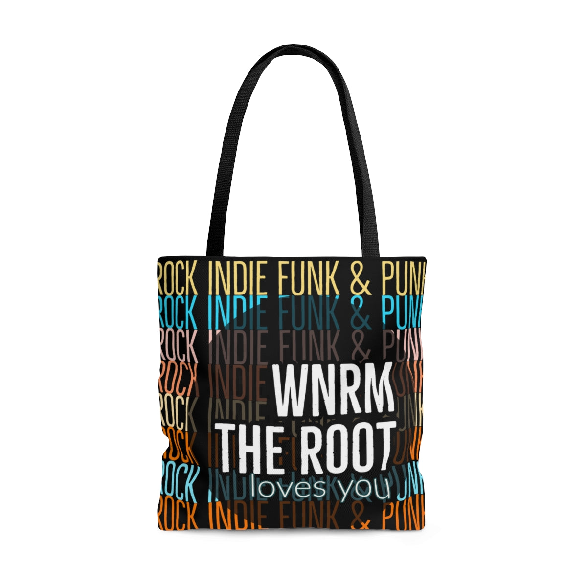 Black WNRM The Root Loves You canvass tote bag, with rock, indie, funk &  punk repeated in rainbow colors