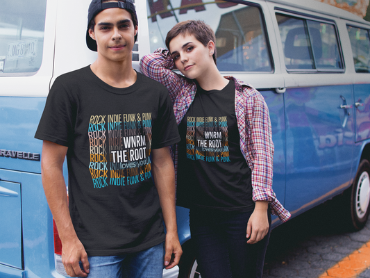 Cool couple standing next to a blue hippy van wearing WNRM Loves You Colors tee 