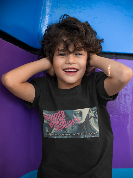 Cute little boy wearing a WWW Kids Softstyle Tee, while holding his ears