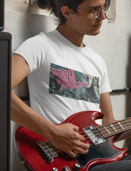 Cool guitar player guy wearing a WWW Men's Short Sleeve Tee, while playing a red guitar
